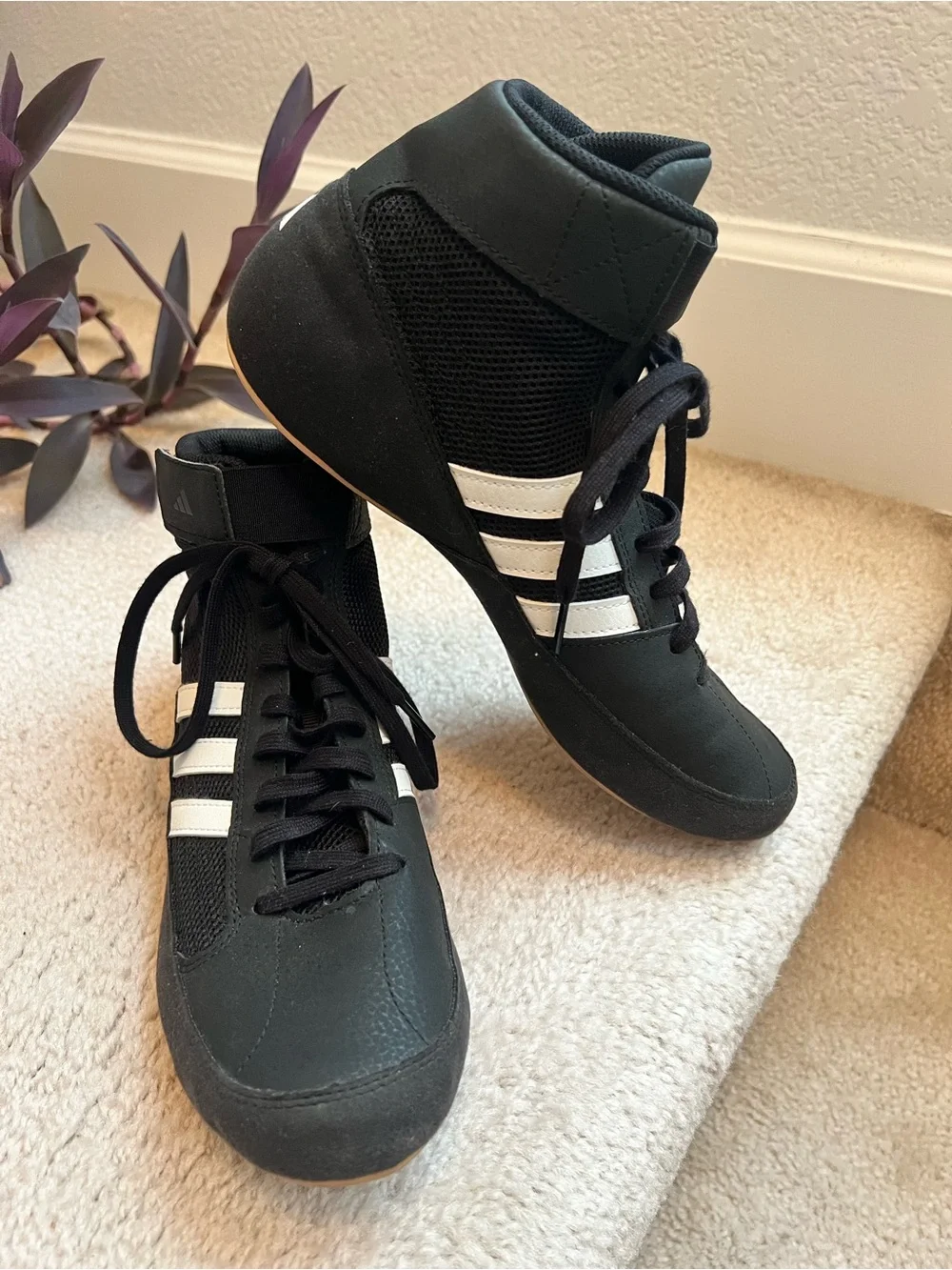 Adidas Black HVC High-Top Lace-Up Wrestling Shoes w/ White Stripes Ankle Strap
